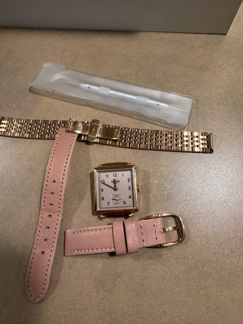 Shinola Cass Pink Leather and Rose Gold Tone Watch Bands with Square Watch Head